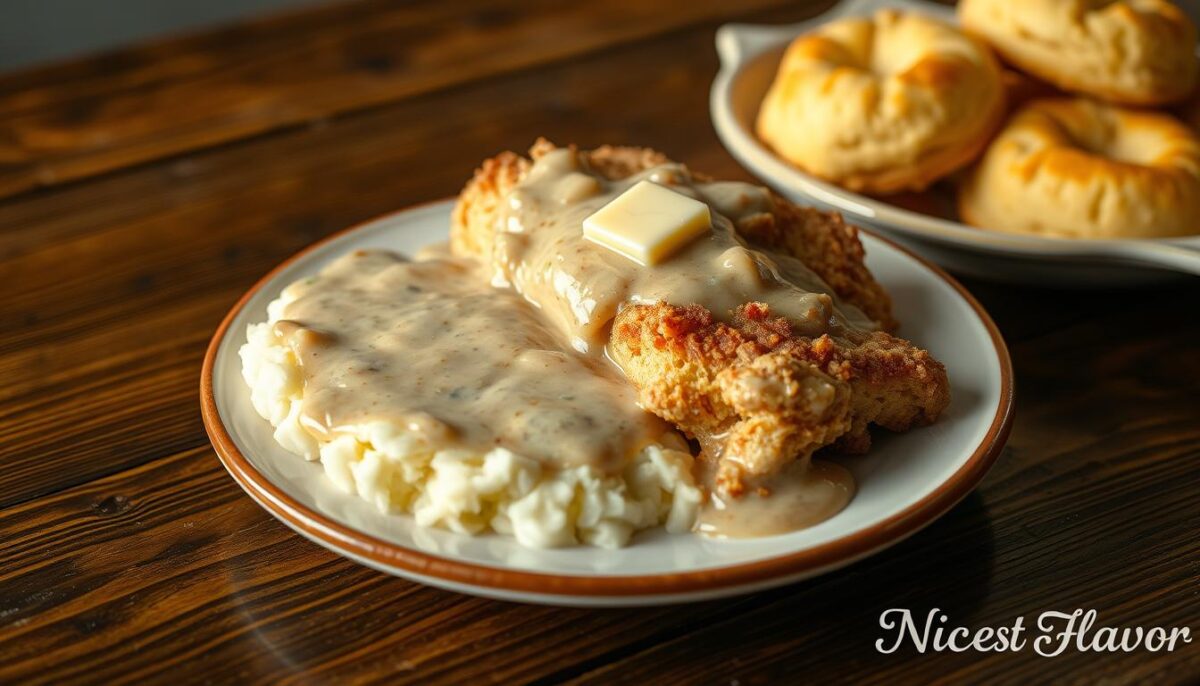 Chicken and gravy with mashed potatoes and biscuits