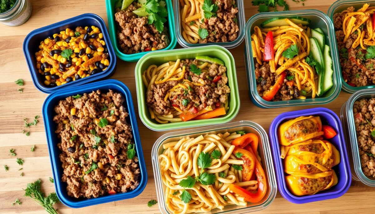 Meal prep containers with ground beef dishes